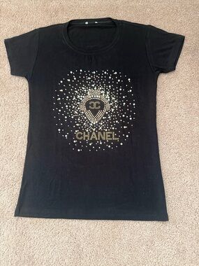 CHANEL Black Tee with Gold Logo and Stud Detail